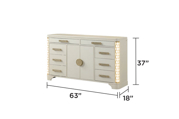 English Elm Jasmine 8-Drawer Dresser with Corner LED Lights, Gold Pulls, Spacious Storage, Beige Wood Elegance 659436058361
