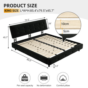 English Elm King Size Bed Frame With Tufted Chenille Headboard, Ultra-Soft Pillow Design, Sturdy Support System W1885S00205