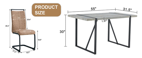 English Elm Table Set - Modern Minimalist Grey Marble Mdf Dining Table With 4 Brown Chairs And Black Legs W1151S02681-GIGA