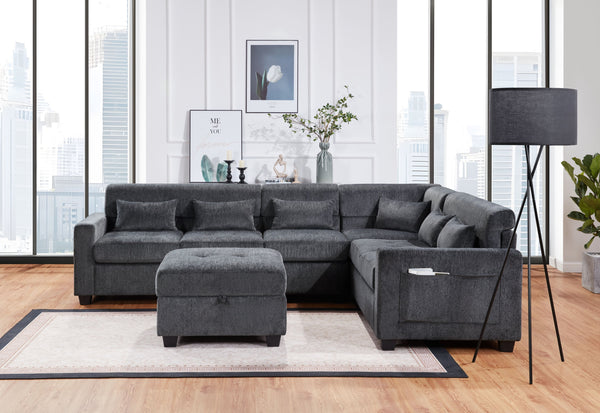 English Elm Trey 115"W Gray Chenille Sectional Sofa with Adjustable Backrests, USB Charging, Pockets & Ottoman B061S00878