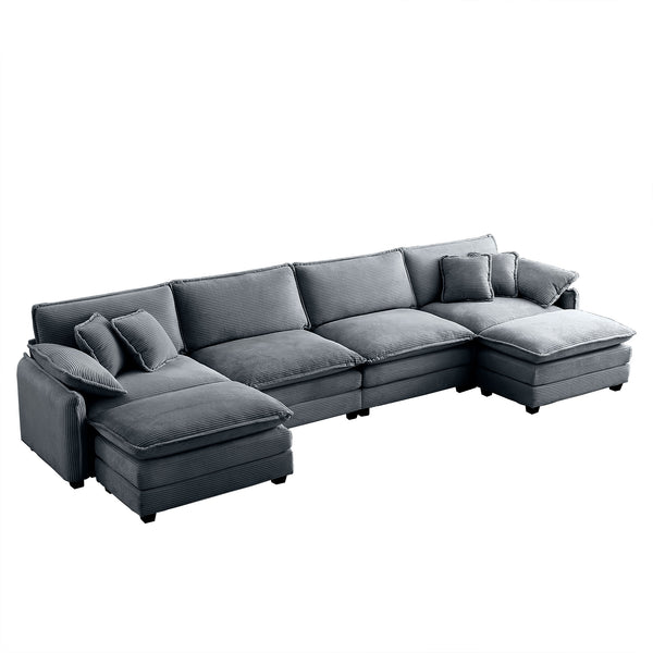 English Elm Over oversized U Shape Corduroy Sofa with Memory Foam Comfort, Modern Retro 4-Seater + Ottomans, Plush Upholstery Grey W714S00762