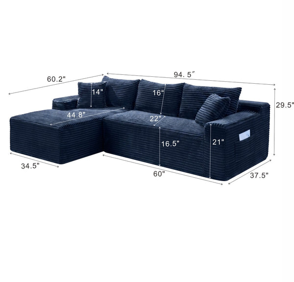 English Elm 94.5" Jumbo Corduroy Cloud Sectional Deep Seat L-shape Couch for Living Room W5515P493687