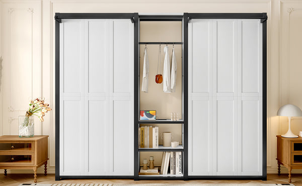 English Elm Twin Twin Murphy Bed with Metal Frame, Foldable 2-in-1 Space-Saving Design, Built-In Wardrobe, Shelves, Power Outlets and Durable Storage Solution Off White W1580S00147