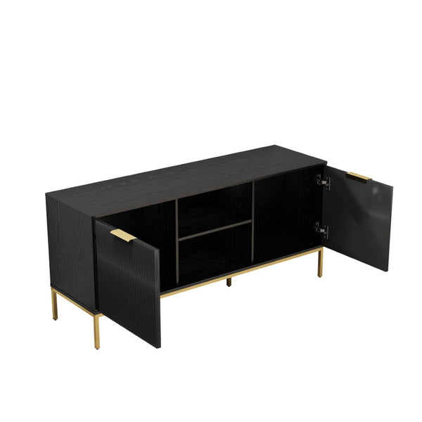 English Elm Modern Wave Door Media Console with Gold Legs Soft Close Hinges and Open Shelf W3151P407896