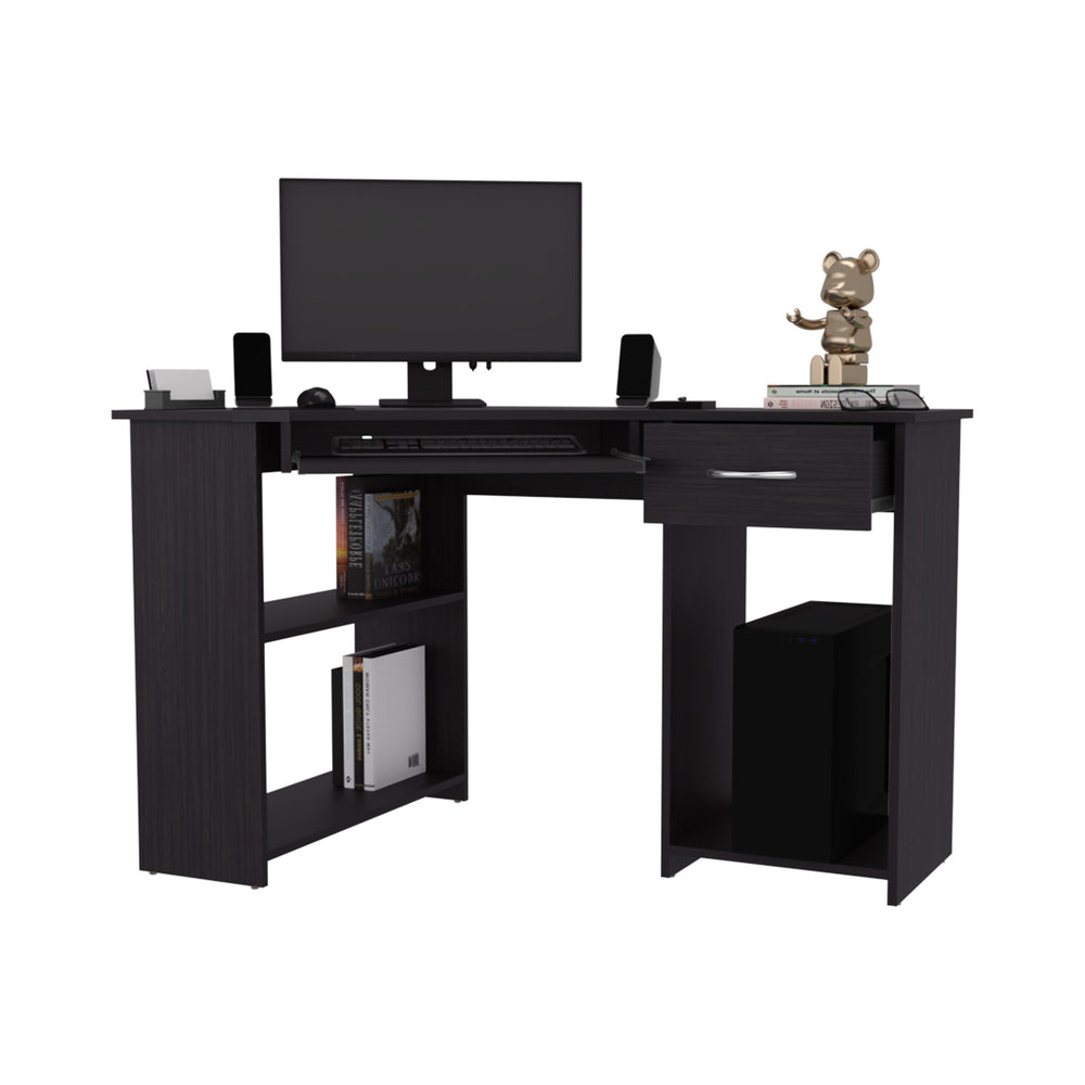 English Elm EKKO L-Shaped Corner Computer Desk with Drawer, Shelves & CPU Compartment, Scratch-Resistant Workstation Wenge 51.97 L x 29.13 W x 3.15 H B128P387080
