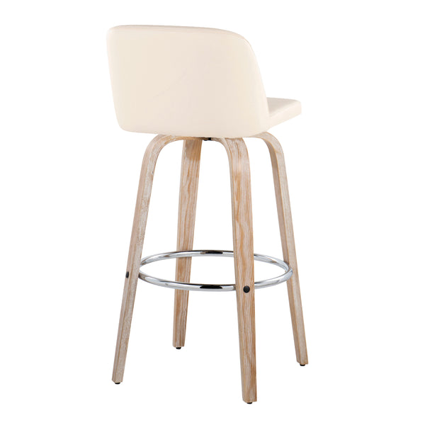 English Elm Toriano 30" Contemporary Fixed-Height Swivel Barstool Set of 2 — Faux Leather Upholstered Seats, Bent Wood Legs and Chrome Footrest, Indoor Seating Cream B202S00709