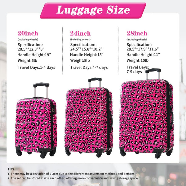 English Elm Hardshell Polycarbonate Luggage Set Three Piece Spinner Suitcases with Tsa Lock Hot Pink Leopard N732P218227H