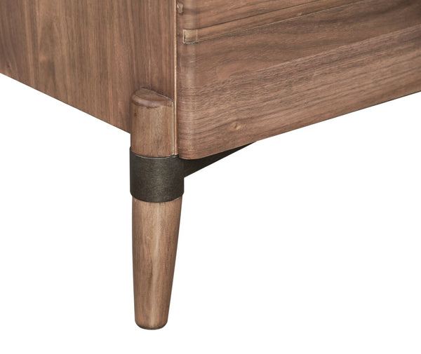 English Elm Tranquility Five Drawer Walnut Veneer Chest with Mid-century Legs and Bronze Hardware B108P411444