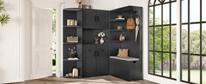 English Elm Multifunctional Modular Hall Tree Cabinet with Open Shelves and Hooks for Entryway Black W1580S00566