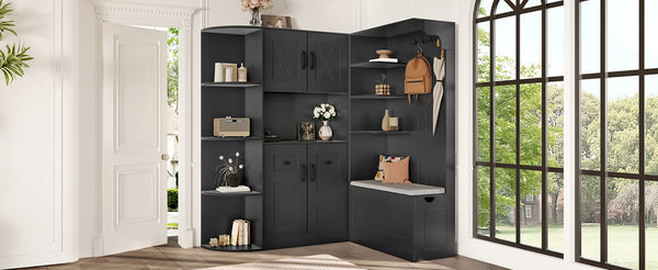 English Elm Multifunctional Modular Hall Tree Cabinet with Open Shelves and Hooks for Entryway Black W1580S00566