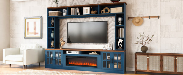 English Elm U-can Modern Farmhouse Wall Unit with Electric Fireplace Bookshelves and Glass Cabinet Doors Navy Blue SJ000153AAN