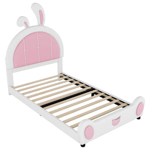 English Elm Twin Upholstered Platform Bed with Ribbit Headboard, White Pink Ears, Low-Profile Modern Frame, Cute WF323763AAK