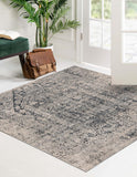 Unique Loom Chateau Quincy Machine Made Abstract Rug Gray, Beige/Navy Blue 7' 1" x 7' 1"