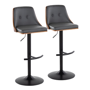 English Elm Gianna Mid-Century Modern Adjustable Barstool Set Of 2 In Black Metal & Walnut, Stylish Grey Leather B202S00886