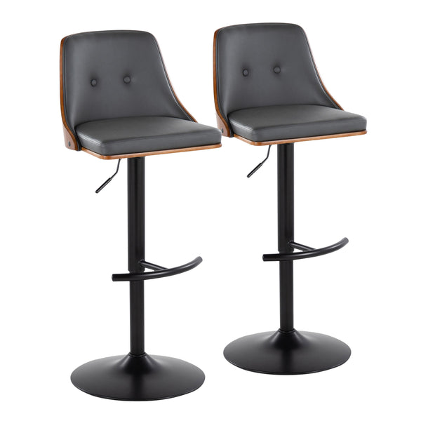 English Elm Gianna Mid-Century Modern Adjustable Barstool Set Of 2 In Black Metal & Walnut, Stylish Grey Leather B202S00886