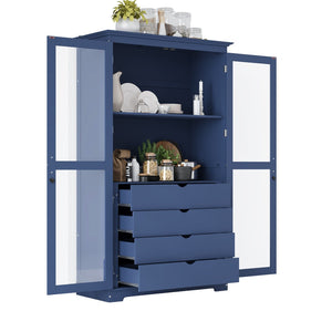 English Elm Topmax Solid Pine Pantry Cabinet with Glass Doors Four Drawers Kitchen Storage SP000086AAC