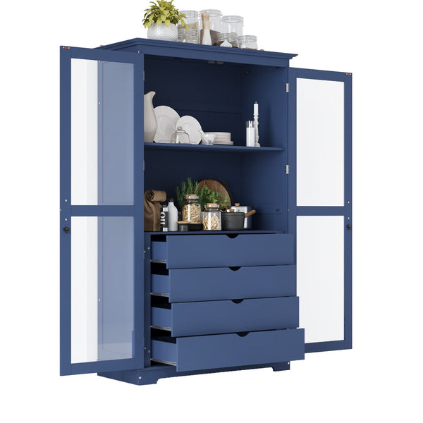 English Elm Topmax Solid Pine Pantry Cabinet with Glass Doors Four Drawers Kitchen Storage SP000086AAC