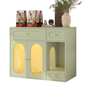 English Elm Cat Litter Box Cabinet with Led Lighting Acrylic Doors and Drawer Storage End Table Green N704P402444F