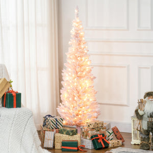 English Elm Homcom 5' Slim Snow-Flocked Pink Christmas Tree - Pre-Lit With 160 Warm White Leds, Perfect For Small Spaces W2225P249637