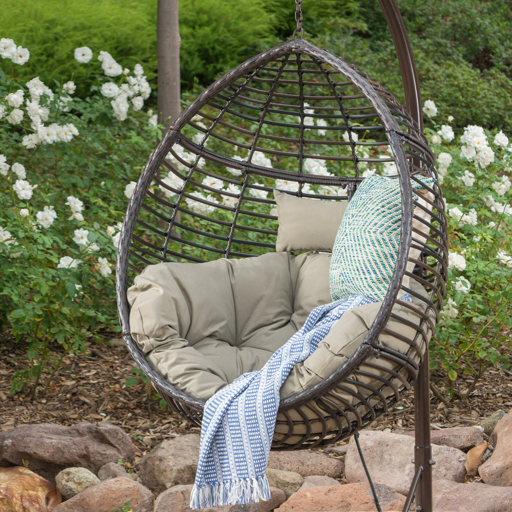 English Elm Christopher Knight Home® - HANGING Basket Chair with Water-Resistant Cushions, Durable PE Rattan & Steel Frame for Indoors Outdoors Khaki+Brown 60654.00BSTMBN