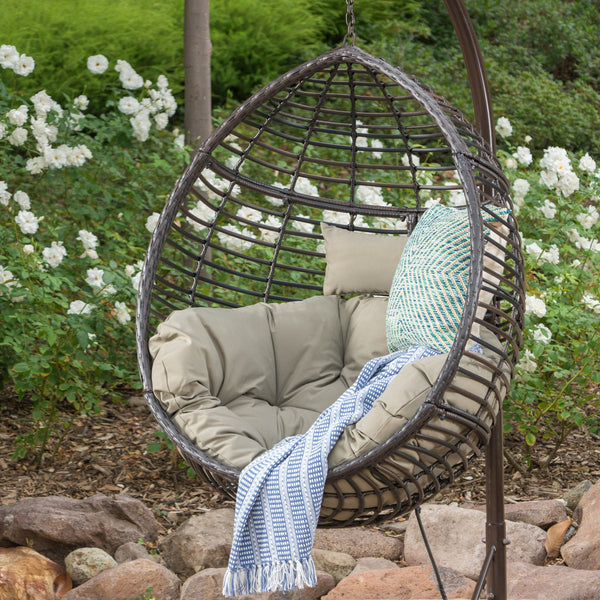 English Elm Christopher Knight Home® - HANGING Basket Chair with Water-Resistant Cushions, Durable PE Rattan & Steel Frame for Indoors Outdoors Khaki+Brown 60654.00BSTMBN