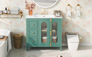 English Elm 36-inch Modern Bathroom Vanity Pine Frame Ceramic Sink 3 Drawers Glass Door Cabinet N710P223192F