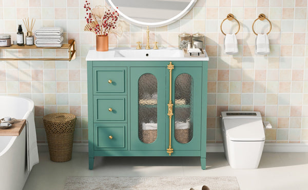English Elm 36-inch Modern Bathroom Vanity Pine Frame Ceramic Sink 3 Drawers Glass Door Cabinet N710P223192F