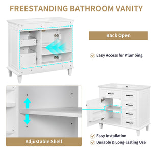 English Elm 36 Inch Bathroom Vanity - Modern Ceramic Sink, Solid Wood Frame, Adjustable Storage & Soft-Close Doors N725P336554K
