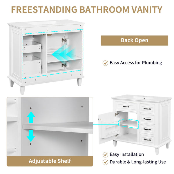 English Elm 36 Inch Bathroom Vanity - Modern Ceramic Sink, Solid Wood Frame, Adjustable Storage & Soft-Close Doors N725P336554K