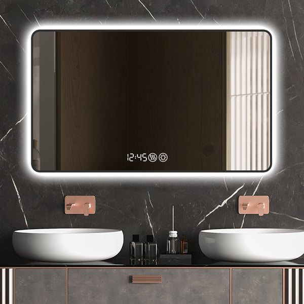 English Elm 48x32 Black Frame Wall Mirror with Time & Temp Display, 3-Color Dimmable LED, Defogger, Safety Glass W2709P242468