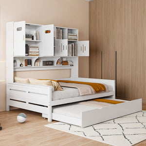 English Elm Full Size Wooden Daybed With Twin Trundle, Integrated Storage Cabinet & Stylish White Finish N820S00027K