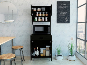 English Elm 1-Drawer Wenge Area Pantry Cabinet with 5 Shelves, 4 Doors, Mini Stove Space & Adjustable Metal Legs, Compact 66.5" Storage Solution B06280023