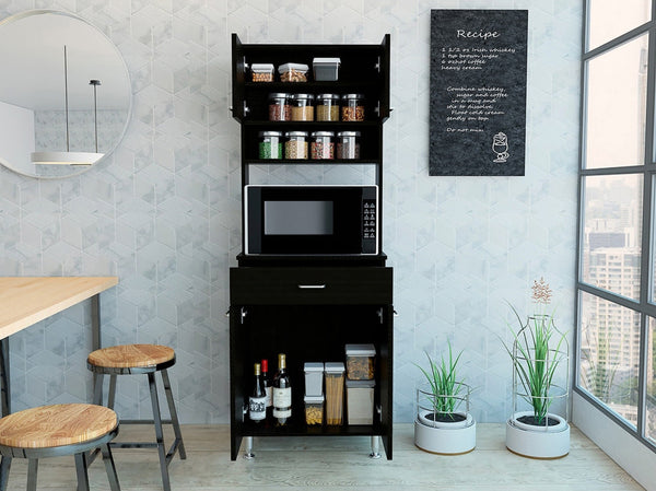 English Elm 1-Drawer Wenge Area Pantry Cabinet with 5 Shelves, 4 Doors, Mini Stove Space & Adjustable Metal Legs, Compact 66.5" Storage Solution B06280023