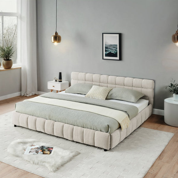 English Elm California King Upholstered Bed Frame - Soft Chenille Fabric, Modern Design With Storage Drawer, Beige W487P311316