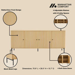 English Elm Magnolia 71" Sideboard Light Oak — Slatted Design, Soft-Close Doors, 8 Cubbies, Black Metal Legs B365S00107