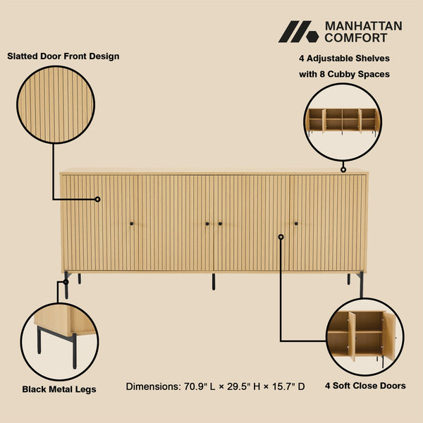 English Elm Magnolia 71" Sideboard Light Oak — Slatted Design, Soft-Close Doors, 8 Cubbies, Black Metal Legs B365S00107