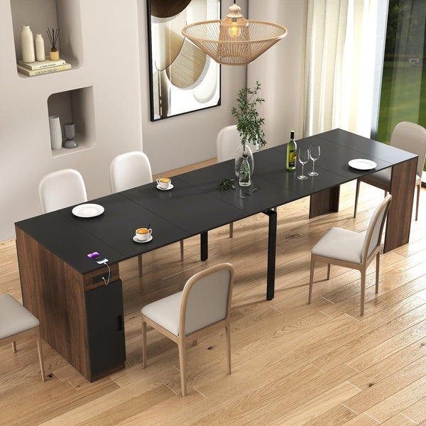 English Elm Modern Expandable Dining Table with Built-In Outlet, 5-Panel Extendable Space-Saving Design for Gatherings Walnut+black W331S00190