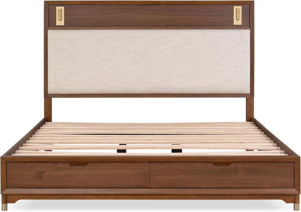 English Elm Black Queen Platform Bed with Led Headboard Gold Trim and Angled Metal Legs B2741S00791