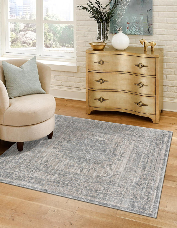 Unique Loom Aberdeen Derbyshire Machine Made Medallion Rug Gray, Navy Blue 5' 3" x 5' 3"