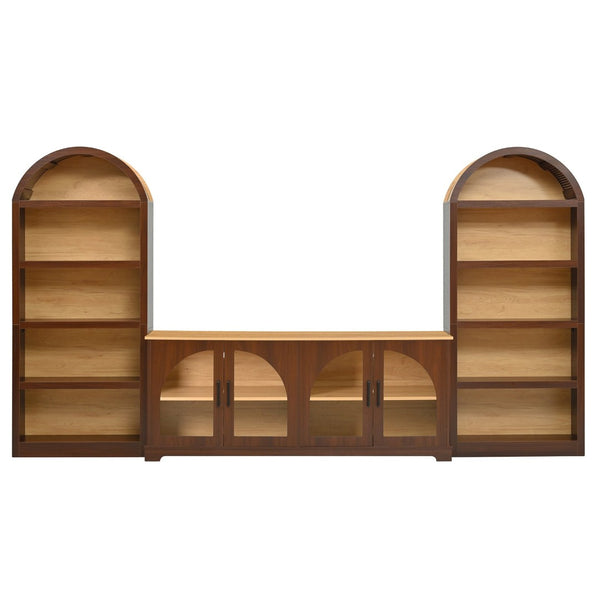 English Elm 3-piece Farmhouse Entertainment Center with Arched Glass Doors and Open Tower Shelving Walnut N721S000070P