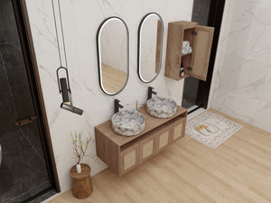 English Elm 48" Floating Bathroom Vanity Dual Ceramic Vessel Sinks Oak Finish Soft Close Doors W999S00500