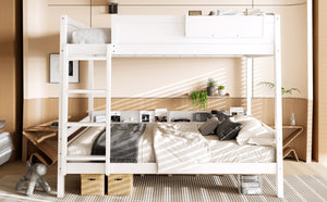 English Elm Queen Over Bunk Bed Pine Frame with Built in Shelving Detachable Vintage Style White W5316S00014