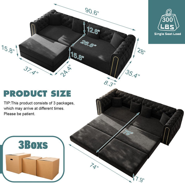English Elm 90.2" Plush Teddy Fabric Convertible Sleeper Sofa with Hidden Storage for Living Room Black W1885S00243