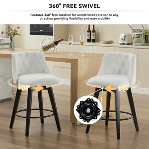 English Elm 007-360° Swivel Bar Stools Set of 2 25" Counter Height Linen Tufted Back Solid Wood Frame Durable Upholstery White W2636P242111