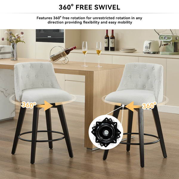 English Elm 007-360° Swivel Bar Stools Set of 2 25" Counter Height Linen Tufted Back Solid Wood Frame Durable Upholstery White W2636P242111