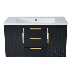 English Elm 36'' Wall Mounted Bathroom Vanity with Sink, Floating MDF Cabinet, 2 Drawers, Rust-Resistant Handles Black N710P253035B