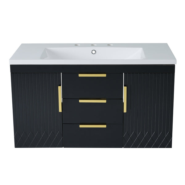 English Elm 36'' Wall Mounted Bathroom Vanity with Sink, Floating MDF Cabinet, 2 Drawers, Rust-Resistant Handles Black N710P253035B