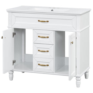 English Elm 36 Inch Bathroom Vanity with Ceramic Sink, Durable MDF & Solid Wood Frame, Soft-Close Doors, Luxe Handles, Ample Organized Storage, Modern Freestanding Design White N725P314034K