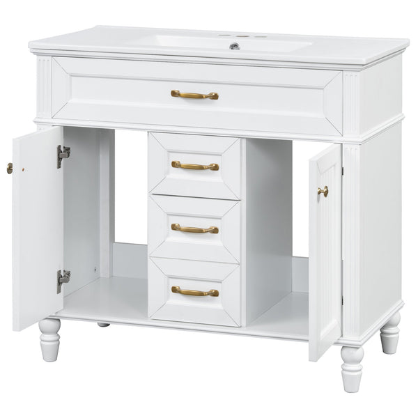 English Elm 36 Inch Bathroom Vanity with Ceramic Sink, Durable MDF & Solid Wood Frame, Soft-Close Doors, Luxe Handles, Ample Organized Storage, Modern Freestanding Design White N725P314034K