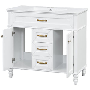 English Elm 36" Freestanding Single Sink Bathroom Vanity Rubberwood Cabinet with Matching Mirror White N725S314034K